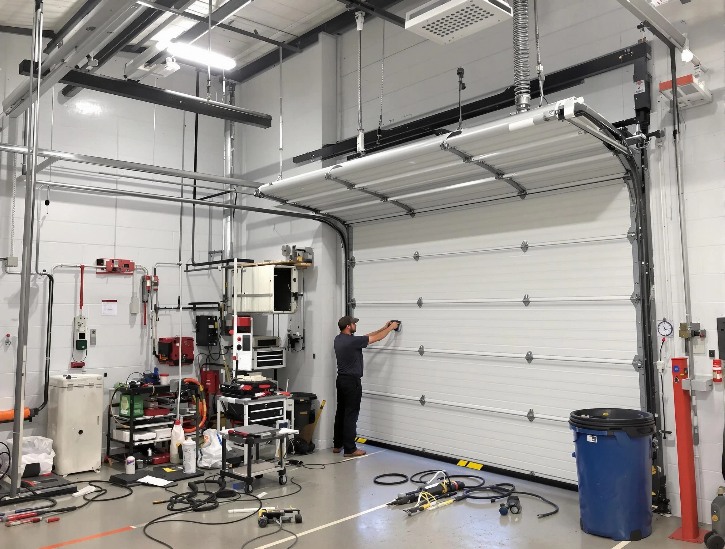 Perry Garage Door Repair certified technician performing commercial door repair at a Perry business facility