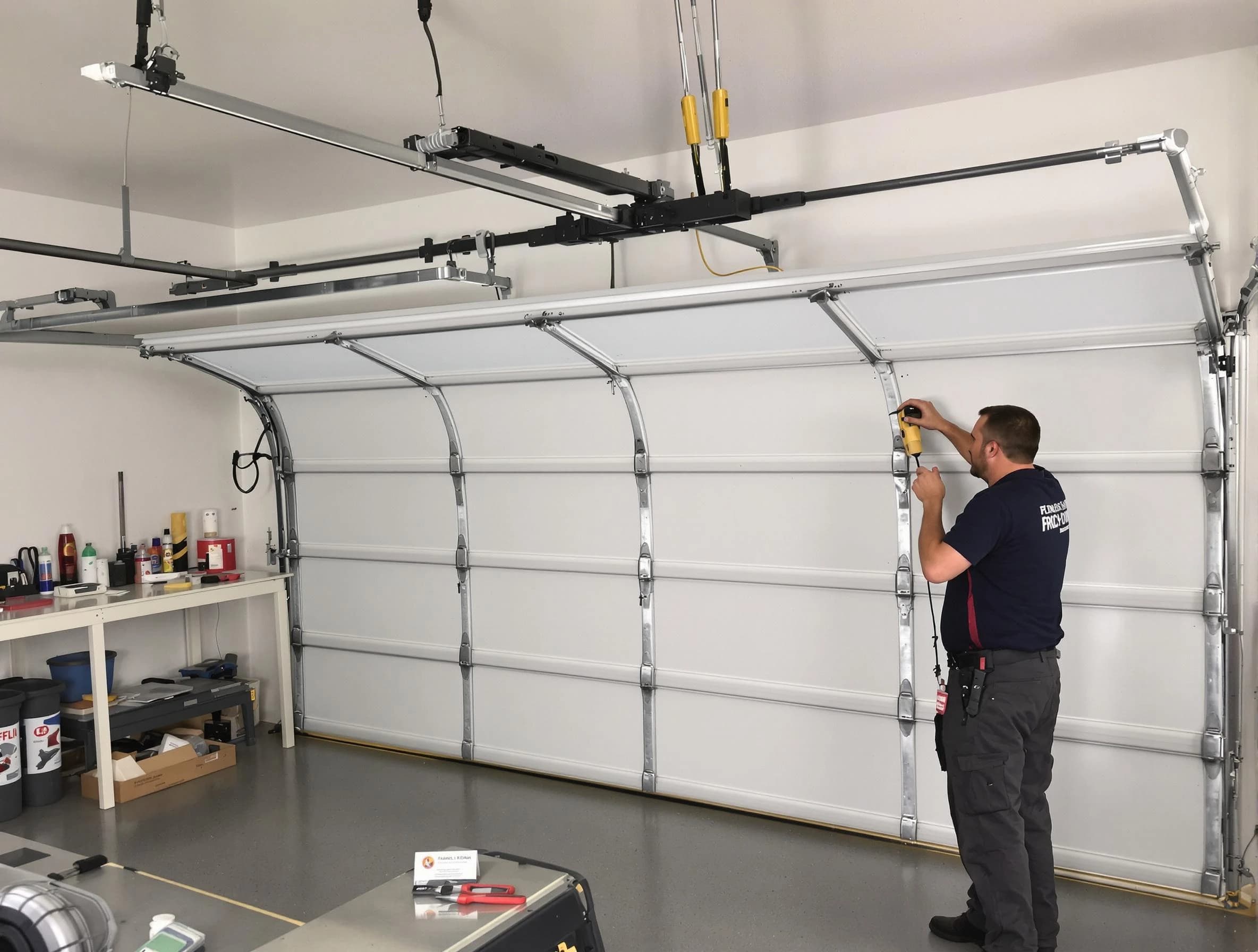 Perry Garage Door Repair certified technician performing overhead door system repair in Perry