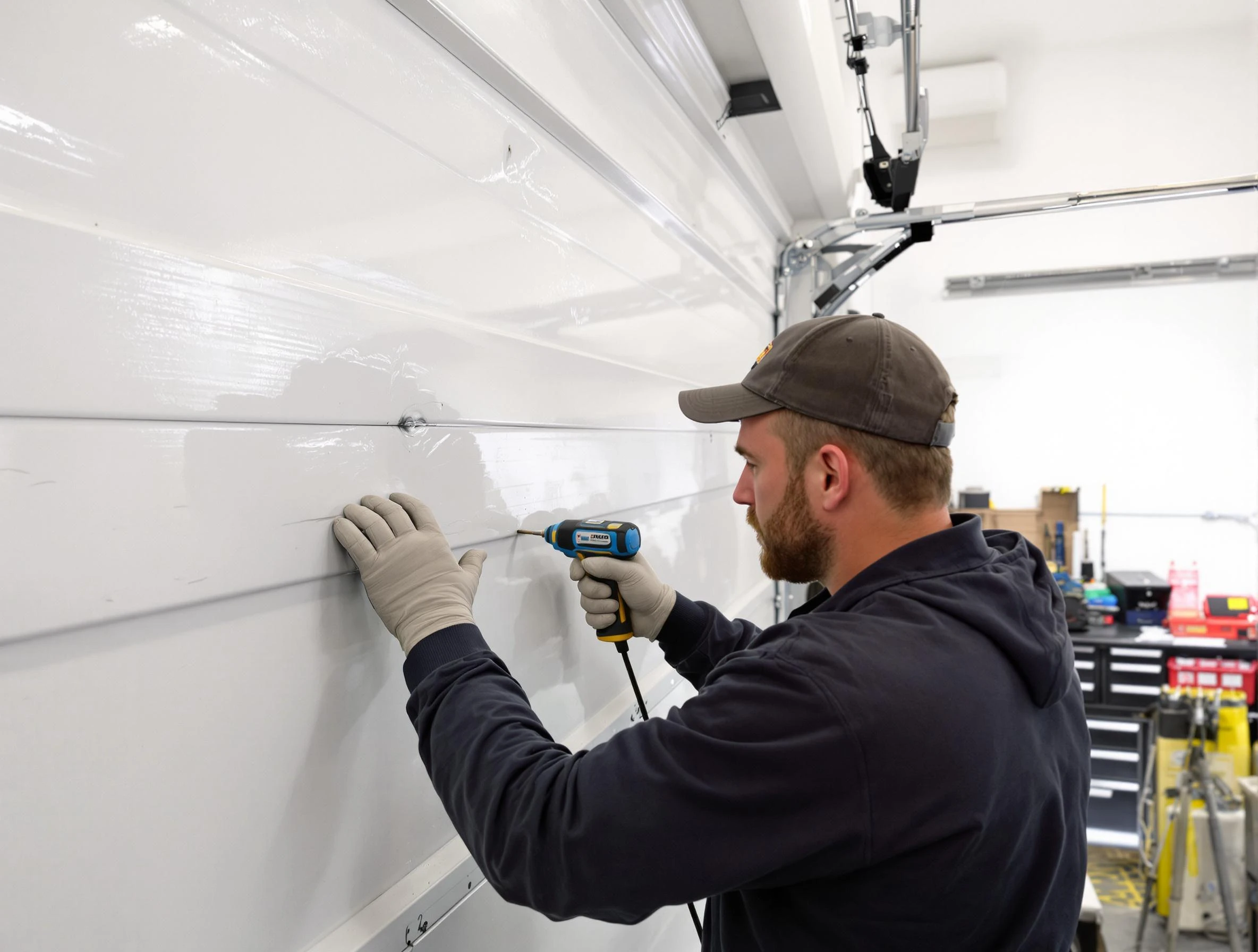 Perry Garage Door Repair technician demonstrating precision dent removal techniques on a Perry garage door